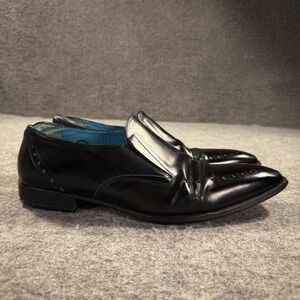 John Fluevog Shoes Mens Size 10 Black Leather Slip On Brogue Dress Square Toe